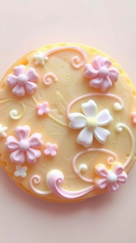 Decorated cookie with royal icing in pastel colors on a light background.